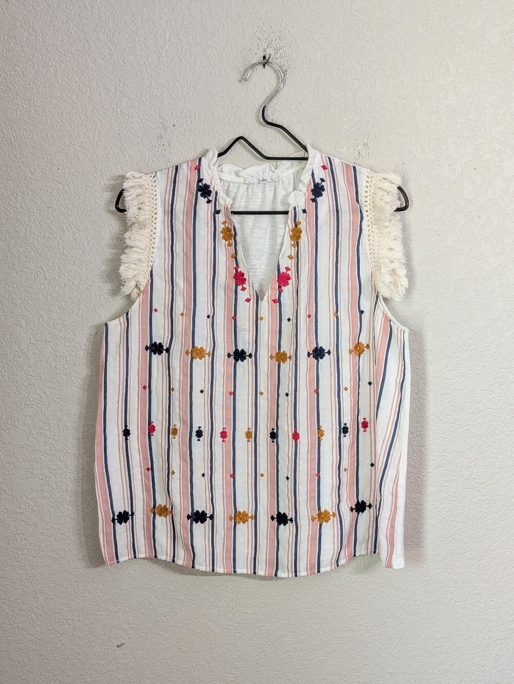 THML White Pink Striped Tank Top Size L Floral Embroidery Fringe Boho Casual